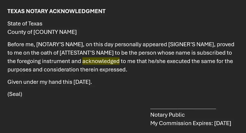 Acknowledgment statement notarization by Irving Mobile Notary Services in Irving TX